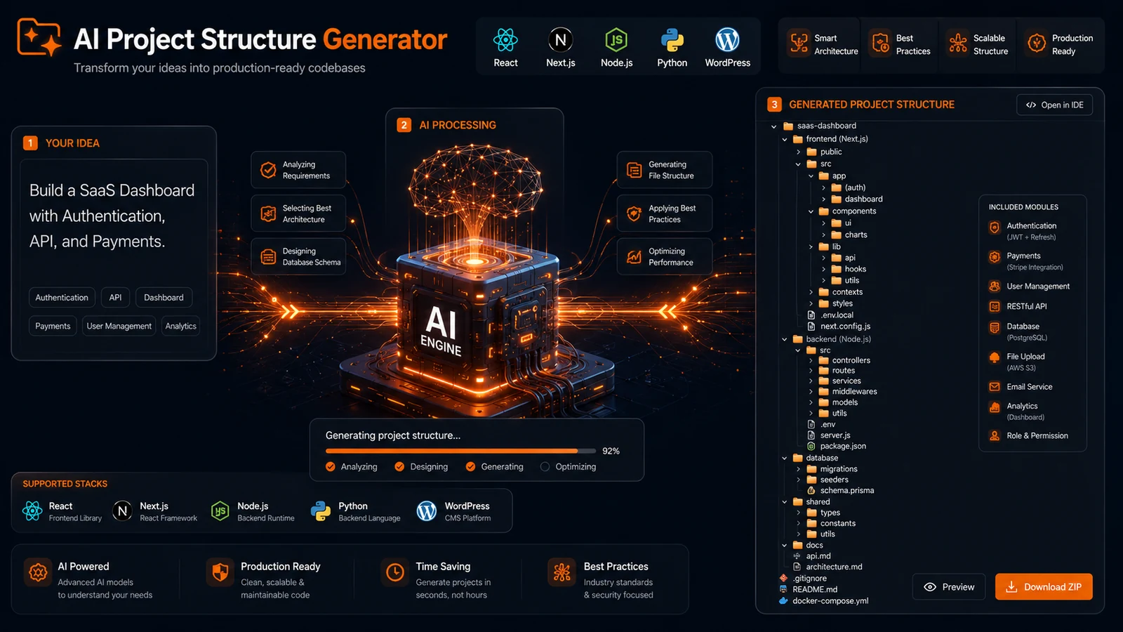 Project structure generator infographic by ProFolderAI
