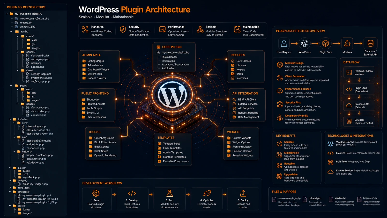 Wordpress plugin folder structure infographic by ProFolderAI