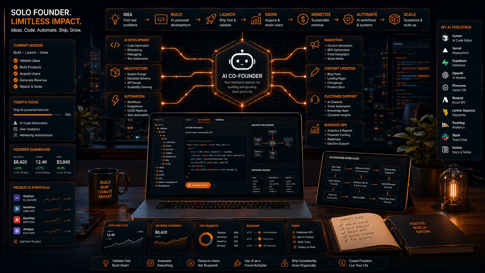 Indie hacker productivity infographic by ProFolderAI